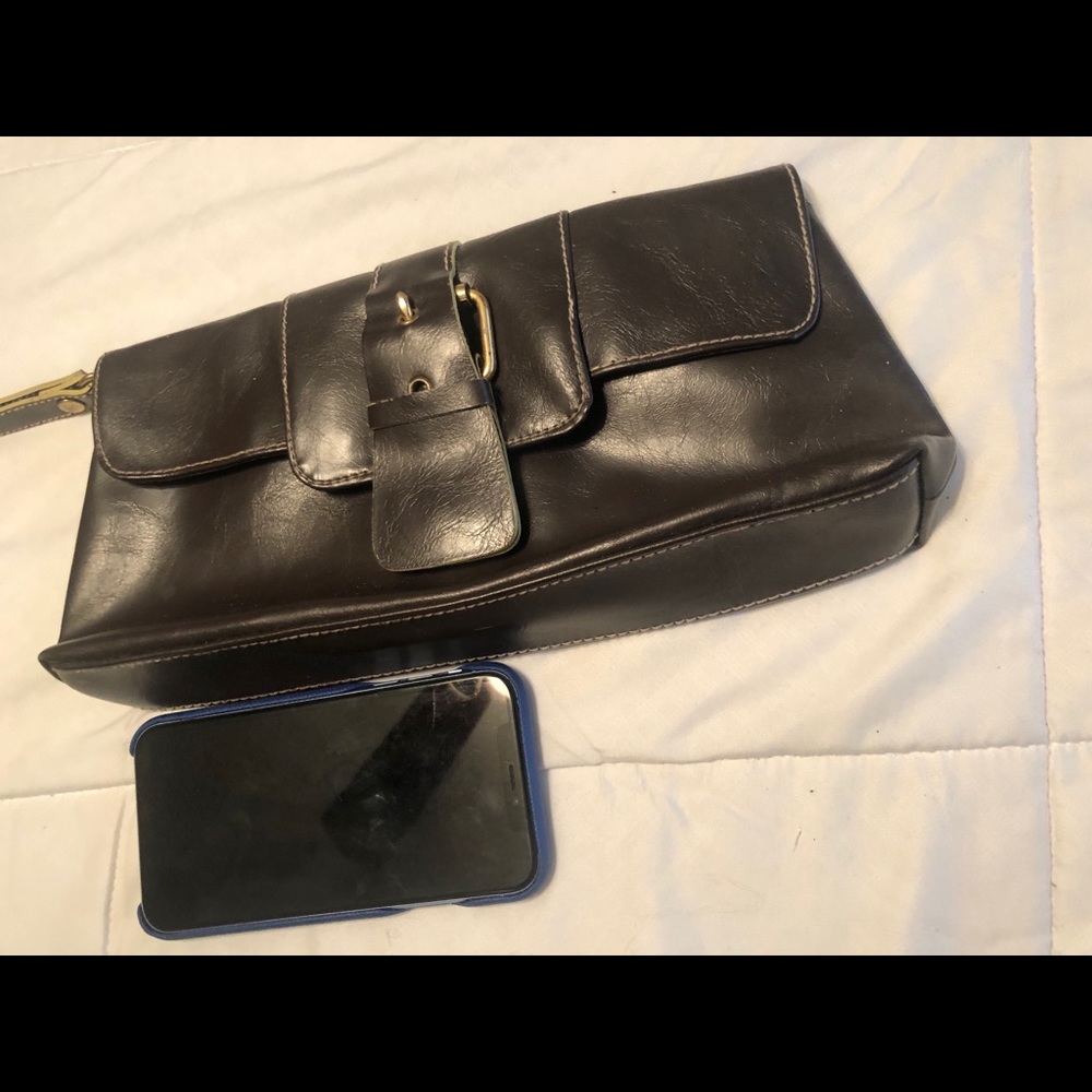 Brown Vegan Leather clutch with wrist strap